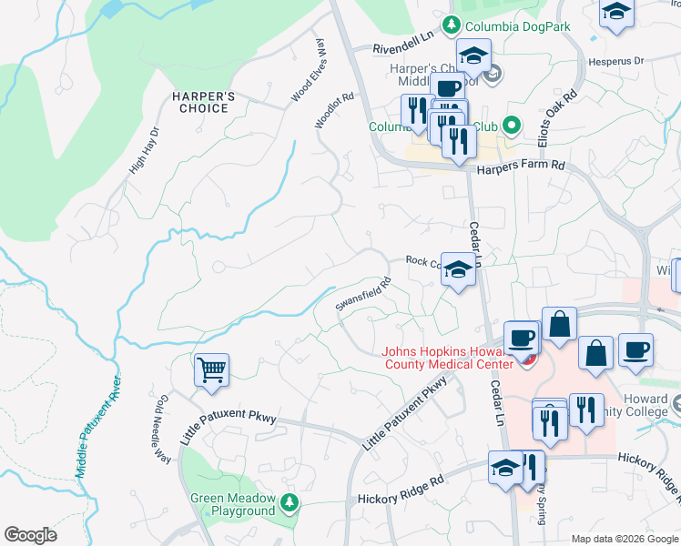 map of restaurants, bars, coffee shops, grocery stores, and more near 11085 Swansfield Rd in Columbia