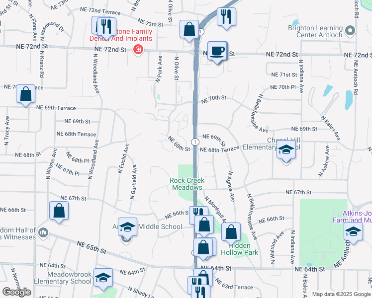 map of restaurants, bars, coffee shops, grocery stores, and more near 2440 Northeast 68th Street in Kansas City