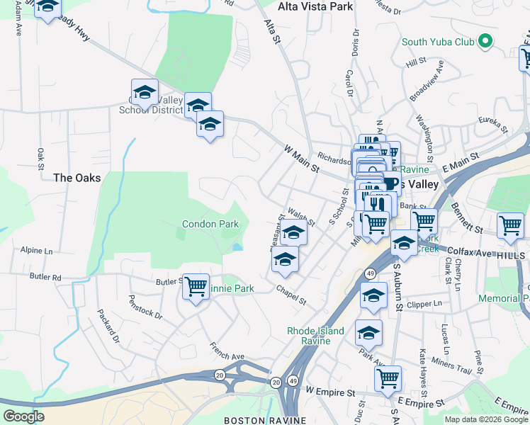 map of restaurants, bars, coffee shops, grocery stores, and more near 617 Walsh Street in Grass Valley