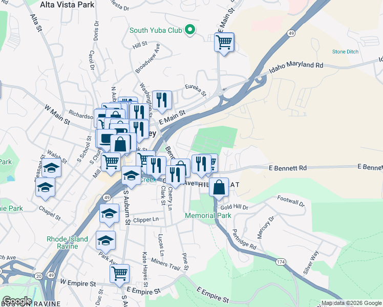map of restaurants, bars, coffee shops, grocery stores, and more near 311 East Maryland Drive in Grass Valley