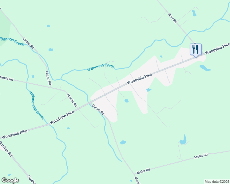 map of restaurants, bars, coffee shops, grocery stores, and more near 2287 Woodville Pike in Goshen