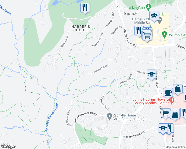 map of restaurants, bars, coffee shops, grocery stores, and more near 5451 Wooded Way in Columbia