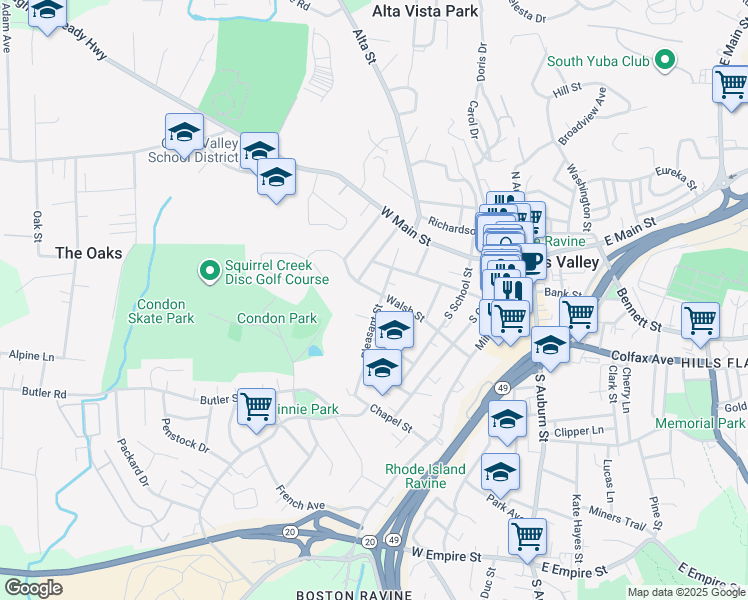 map of restaurants, bars, coffee shops, grocery stores, and more near 615 Walsh Street in Grass Valley