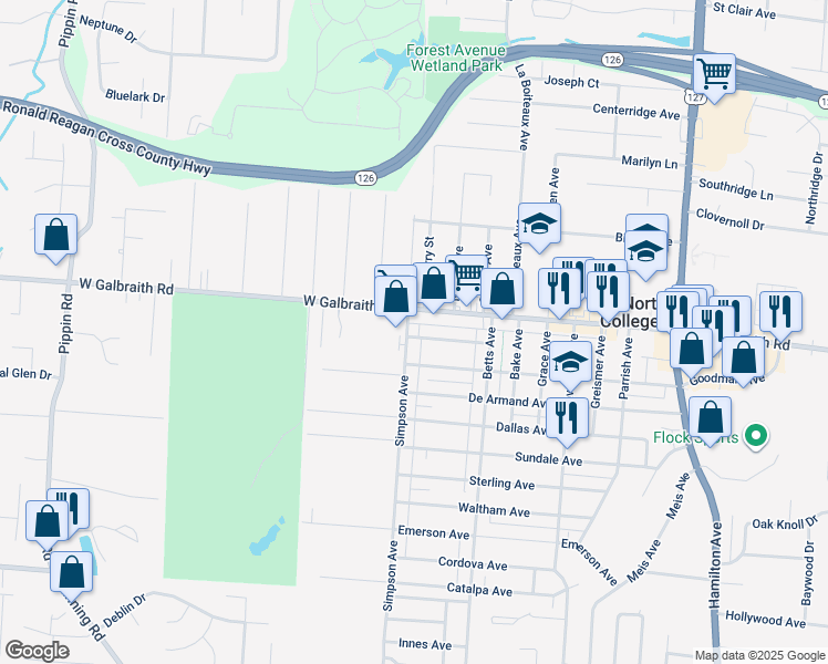 map of restaurants, bars, coffee shops, grocery stores, and more near 6830 Simpson Avenue in Cincinnati