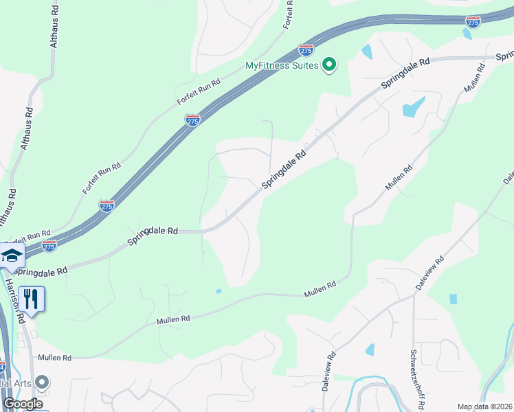 map of restaurants, bars, coffee shops, grocery stores, and more near 6567 Springdale Road in Cincinnati