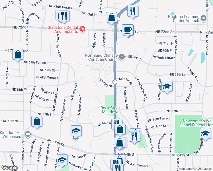 map of restaurants, bars, coffee shops, grocery stores, and more near 2410 Northeast 68th Street in Gladstone