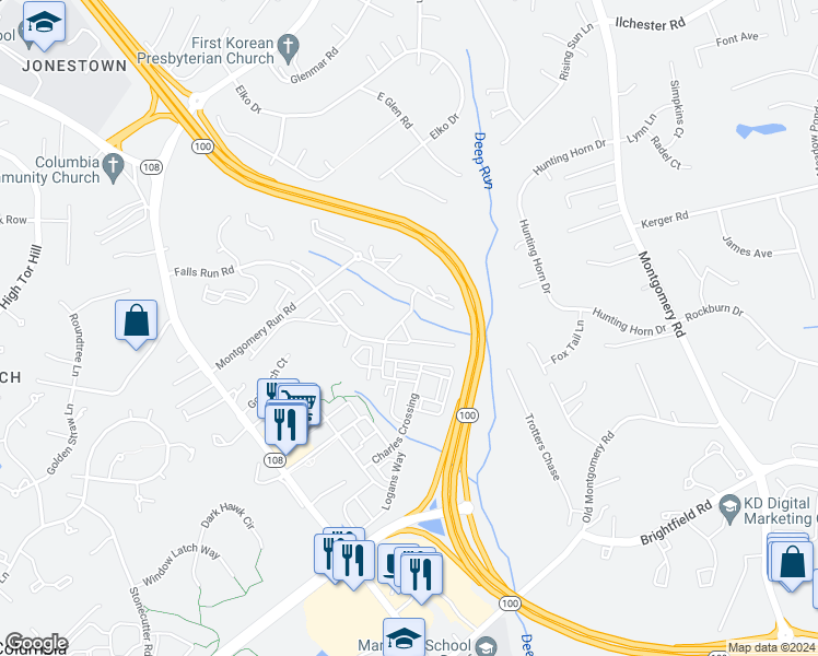 map of restaurants, bars, coffee shops, grocery stores, and more near 8605 Falls Run Road in Ellicott City