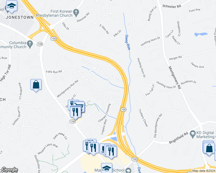 map of restaurants, bars, coffee shops, grocery stores, and more near 8601 Falls Run Road in Ellicott City