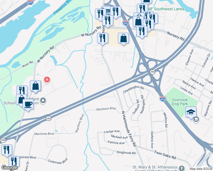map of restaurants, bars, coffee shops, grocery stores, and more near 598 North Old Hammonds Ferry Road in Linthicum Heights