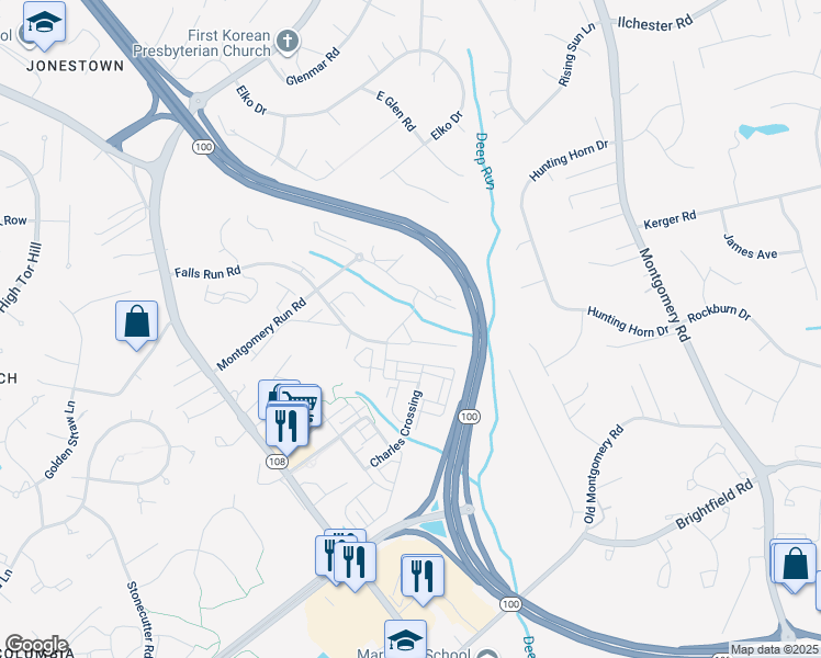 map of restaurants, bars, coffee shops, grocery stores, and more near 8601 Falls Run Road in Ellicott City