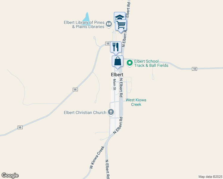 map of restaurants, bars, coffee shops, grocery stores, and more near 24063 Main Street in Elbert