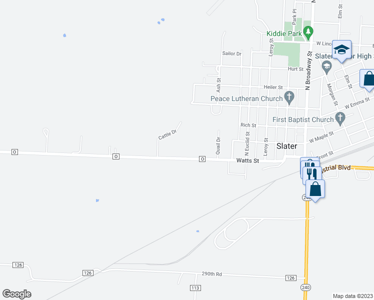 map of restaurants, bars, coffee shops, grocery stores, and more near in Slater