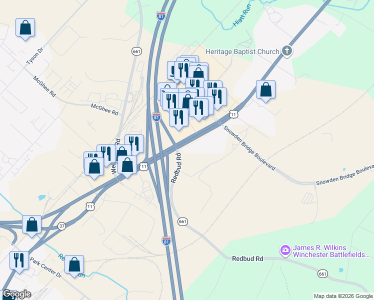 map of restaurants, bars, coffee shops, grocery stores, and more near 1724 Martinsburg Pike in Winchester