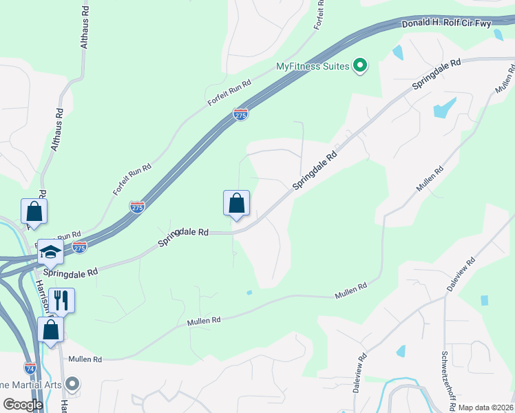 map of restaurants, bars, coffee shops, grocery stores, and more near 6680 Springdale Road in Cincinnati