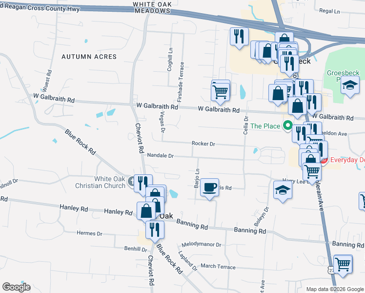 map of restaurants, bars, coffee shops, grocery stores, and more near 3422 Nandale Drive in Cincinnati