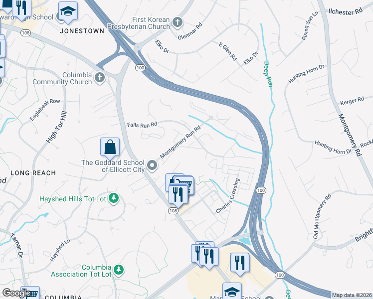 map of restaurants, bars, coffee shops, grocery stores, and more near 8385 Montgomery Run Road in Ellicott City