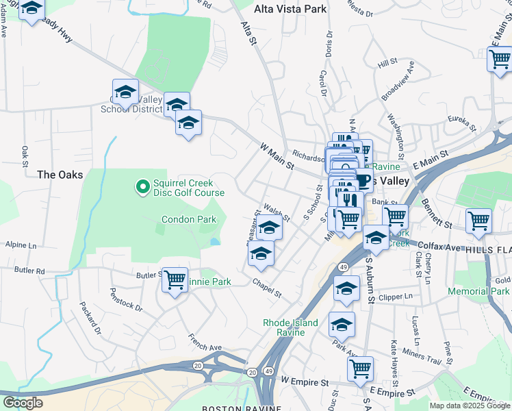map of restaurants, bars, coffee shops, grocery stores, and more near 615 Walsh Street in Grass Valley