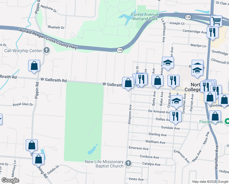 map of restaurants, bars, coffee shops, grocery stores, and more near 2021 Galbraith Road in Cincinnati