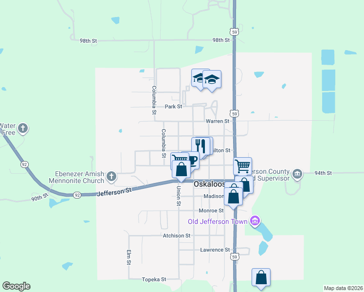 map of restaurants, bars, coffee shops, grocery stores, and more near 412 Hamilton St in Oskaloosa