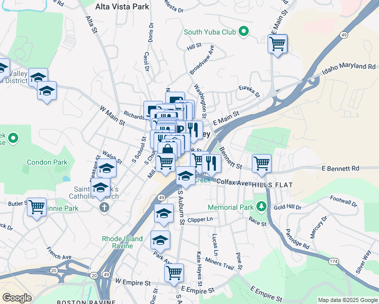 map of restaurants, bars, coffee shops, grocery stores, and more near 111 Bank Street in Grass Valley