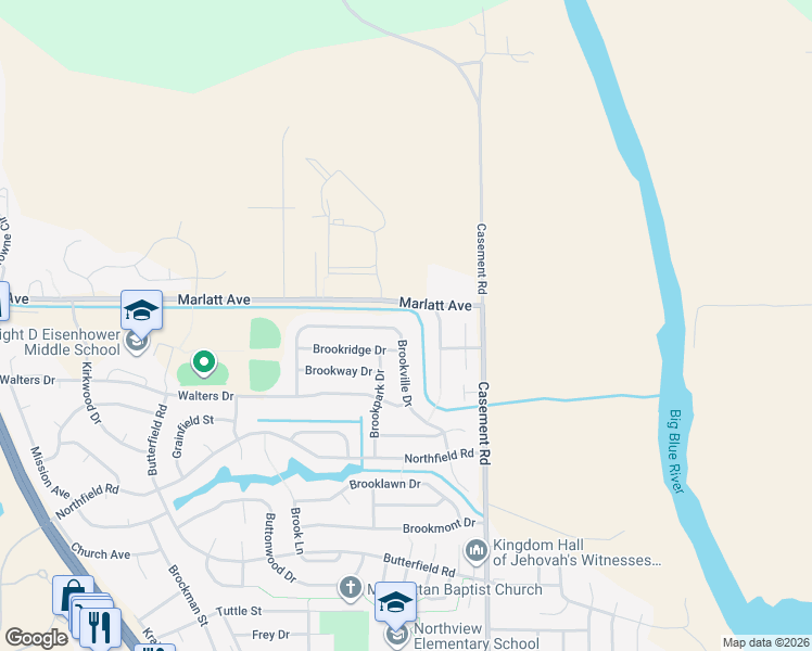 map of restaurants, bars, coffee shops, grocery stores, and more near 300 Brookridge Drive in Manhattan