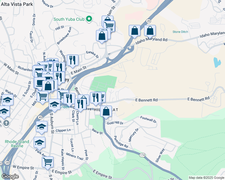 map of restaurants, bars, coffee shops, grocery stores, and more near 331 Northstar Place in Grass Valley