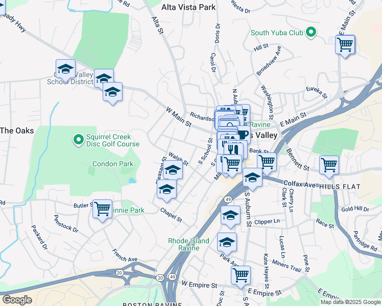 map of restaurants, bars, coffee shops, grocery stores, and more near 224 Lloyd Street in Grass Valley