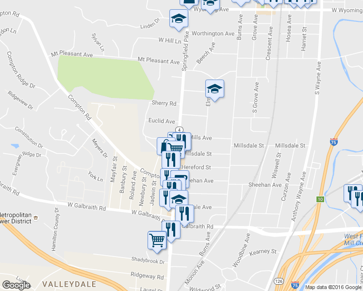 map of restaurants, bars, coffee shops, grocery stores, and more near 8451 Springfield Pike in Cincinnati
