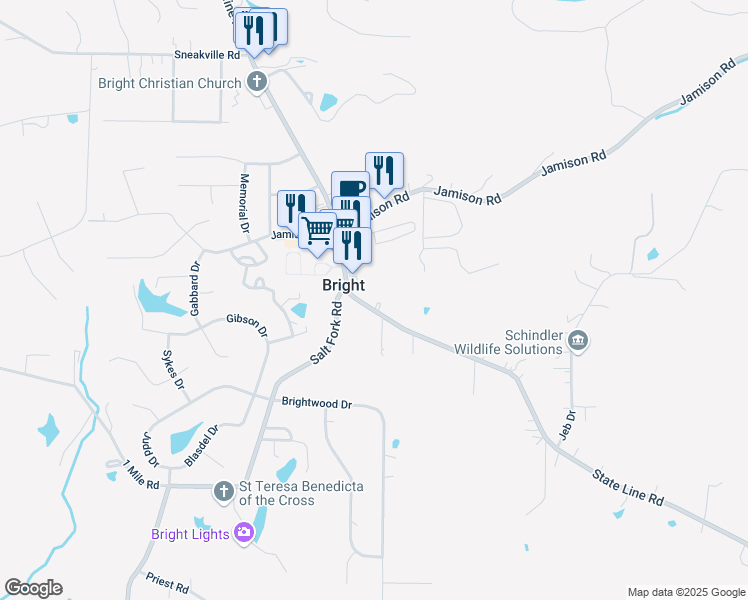 map of restaurants, bars, coffee shops, grocery stores, and more near 23966 State Line Road in Lawrenceburg