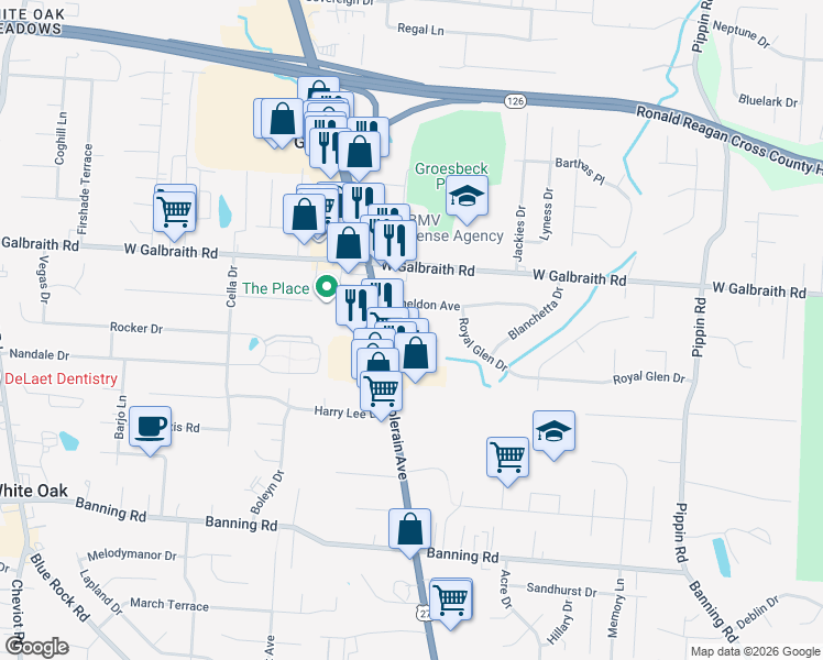 map of restaurants, bars, coffee shops, grocery stores, and more near 3066 Shadycrest Drive in Cincinnati