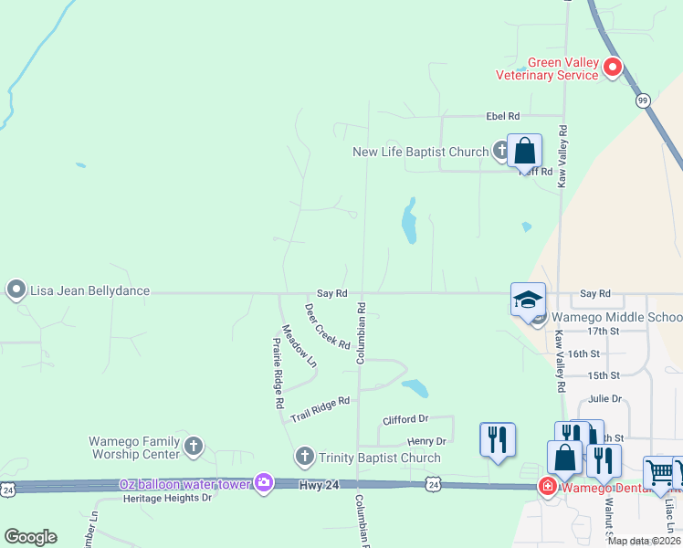 map of restaurants, bars, coffee shops, grocery stores, and more near 17159-17199 Say Road in Wamego