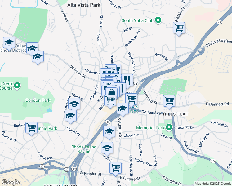 map of restaurants, bars, coffee shops, grocery stores, and more near 150 South Auburn Street in Grass Valley