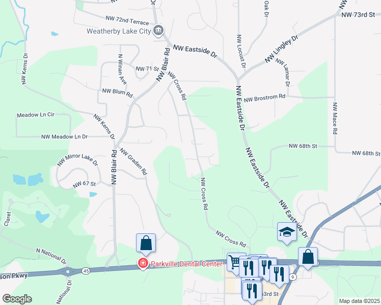 map of restaurants, bars, coffee shops, grocery stores, and more near 6808 Northwest Cross Road in Parkville