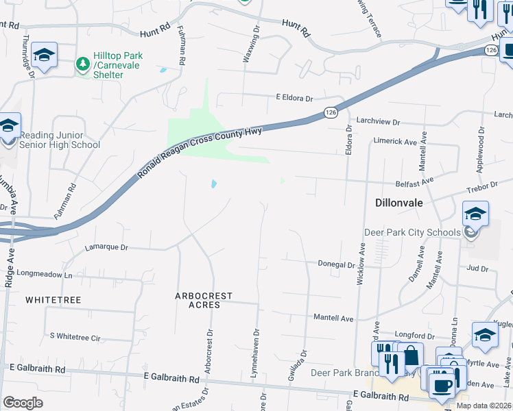 map of restaurants, bars, coffee shops, grocery stores, and more near 8645 Lynnehaven Drive in Cincinnati