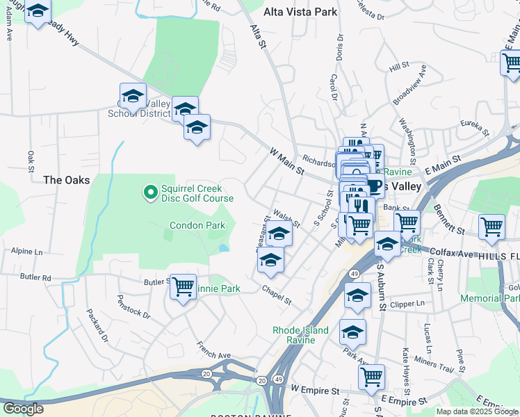 map of restaurants, bars, coffee shops, grocery stores, and more near 615 Walsh Street in Grass Valley