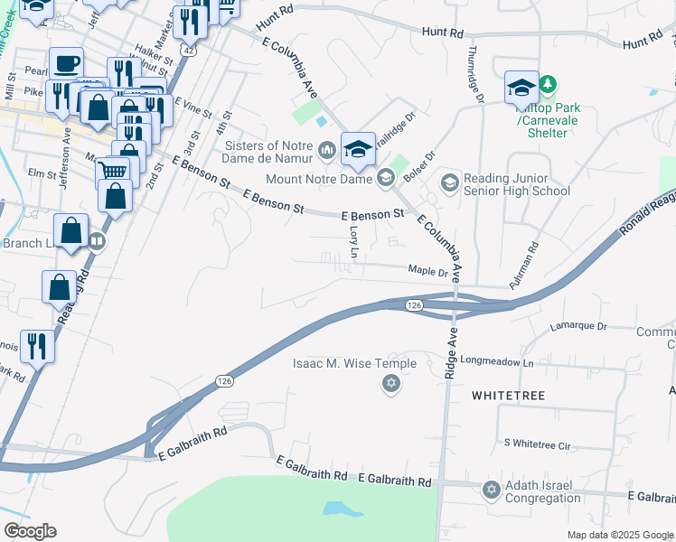 map of restaurants, bars, coffee shops, grocery stores, and more near 64 Fuhrman Road in Cincinnati