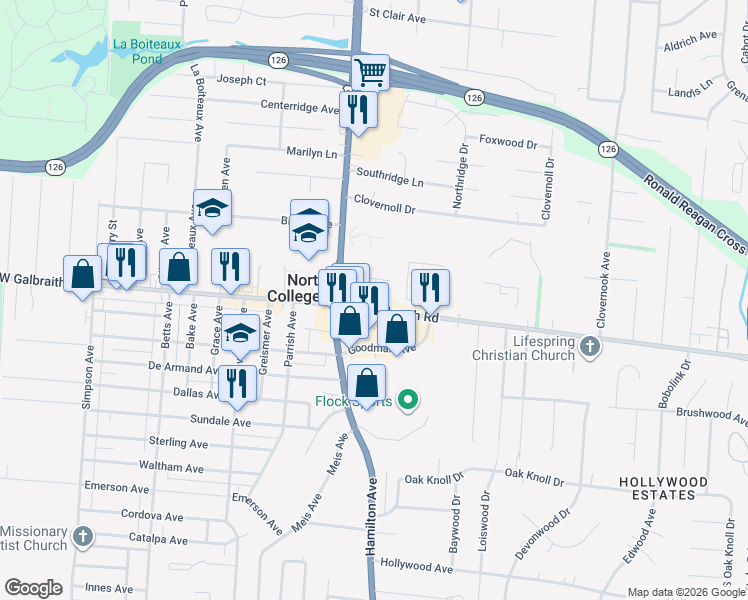 map of restaurants, bars, coffee shops, grocery stores, and more near 1577 Galbraith Road in Cincinnati