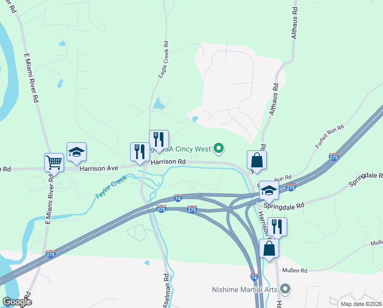 map of restaurants, bars, coffee shops, grocery stores, and more near 7342 Harrison Avenue in Cincinnati