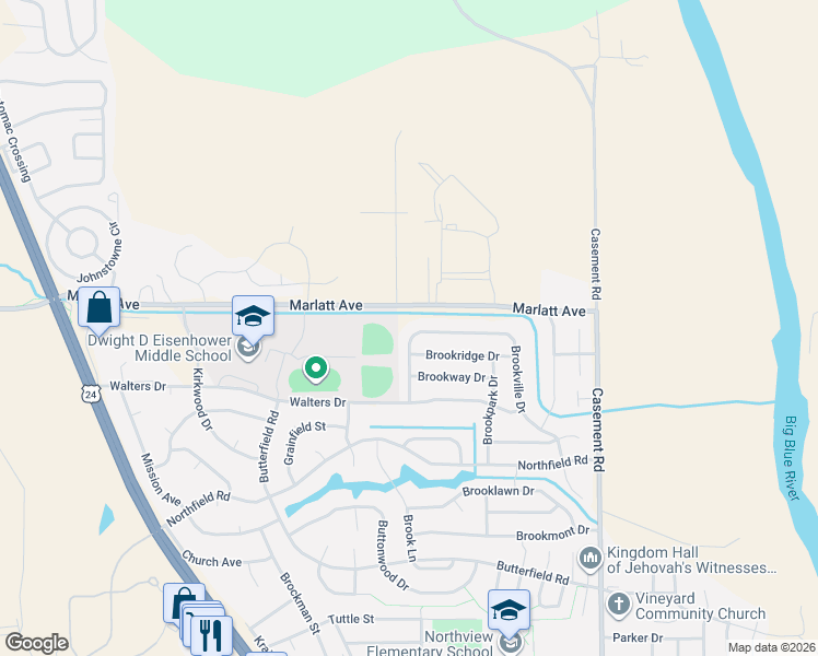map of restaurants, bars, coffee shops, grocery stores, and more near 3100 Brookville West Drive in Manhattan