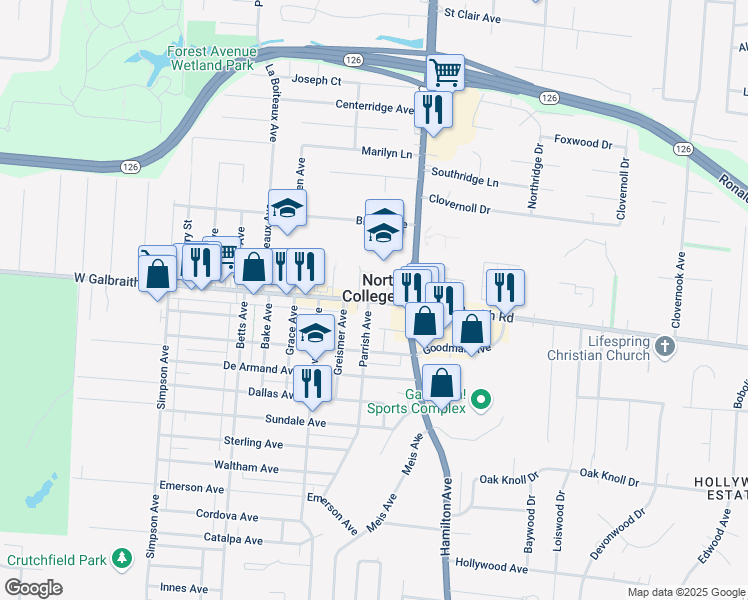 map of restaurants, bars, coffee shops, grocery stores, and more near West Galbraith Road in Cincinnati