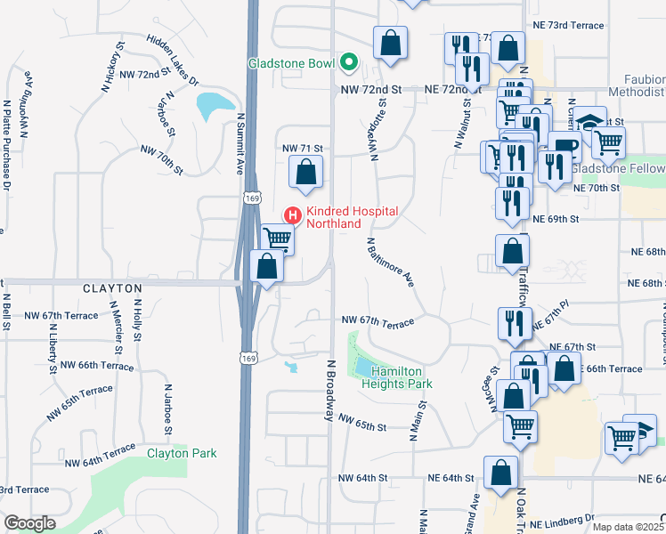 map of restaurants, bars, coffee shops, grocery stores, and more near 6809 North Broadway in Gladstone