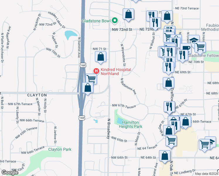 map of restaurants, bars, coffee shops, grocery stores, and more near 6809 North Broadway in Gladstone