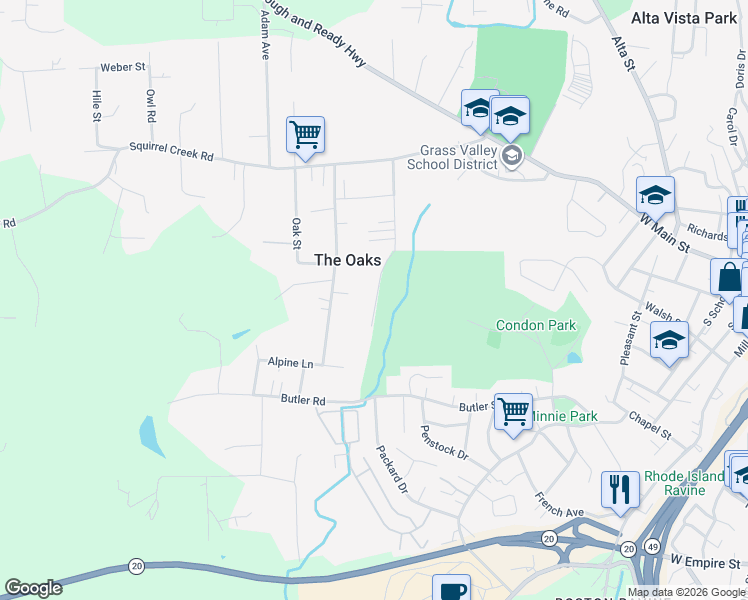 map of restaurants, bars, coffee shops, grocery stores, and more near 10768 Cedar Avenue in Grass Valley