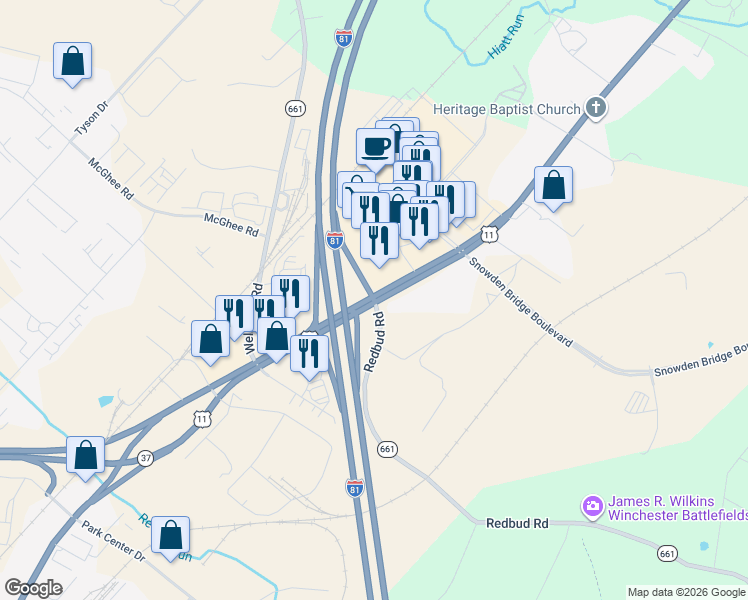 map of restaurants, bars, coffee shops, grocery stores, and more near 1724 Martinsburg Pike in Winchester