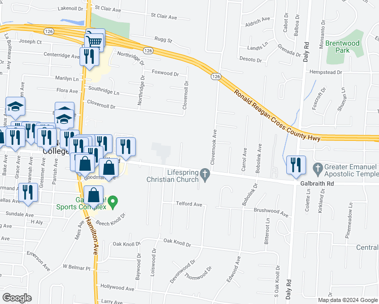 map of restaurants, bars, coffee shops, grocery stores, and more near 1392 Galbraith Road in Cincinnati