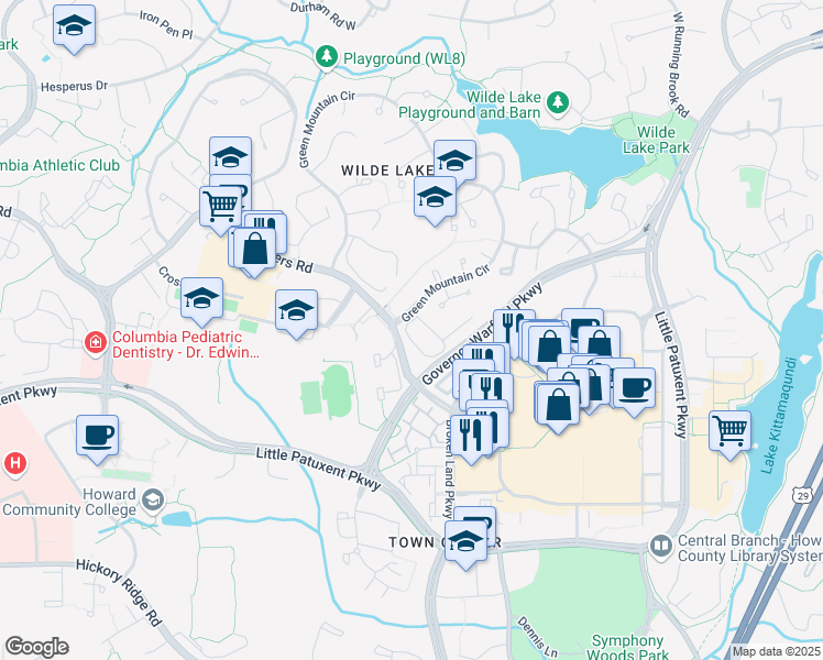 map of restaurants, bars, coffee shops, grocery stores, and more near 5611 Open Sky in Columbia