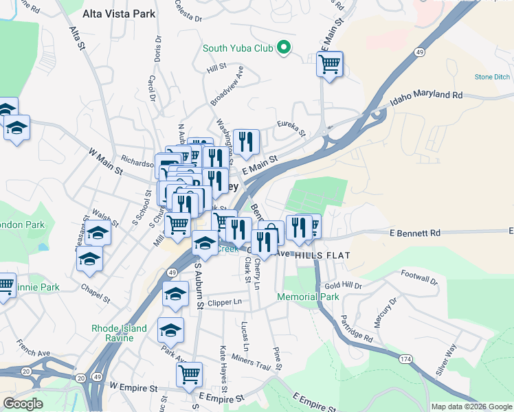 map of restaurants, bars, coffee shops, grocery stores, and more near 143 Bennett Street in Grass Valley