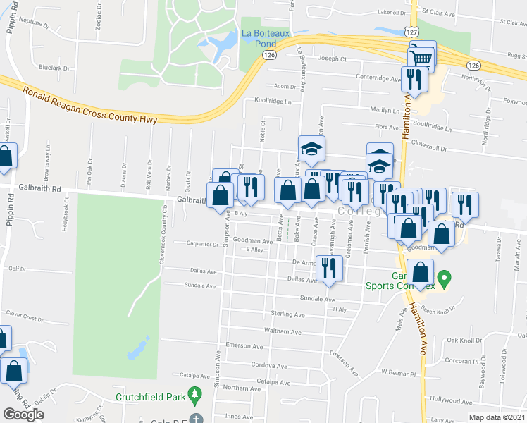 map of restaurants, bars, coffee shops, grocery stores, and more near 1917 Galbraith Road in Cincinnati