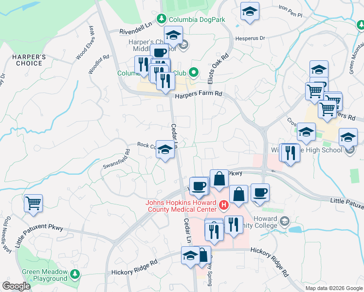 map of restaurants, bars, coffee shops, grocery stores, and more near 5627 Cedar Lane in Columbia