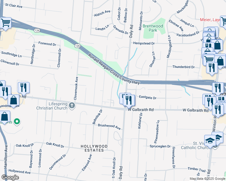 map of restaurants, bars, coffee shops, grocery stores, and more near 8292 Four Worlds Drive in Cincinnati